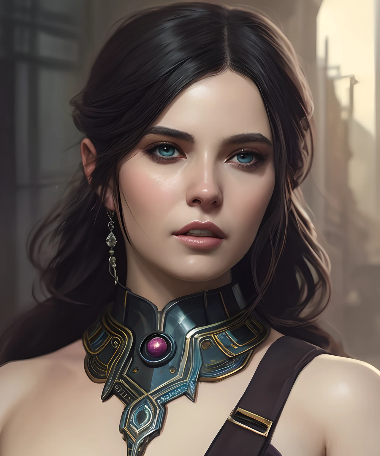 (extremely detailed photo 8k), full body shot photo of the most beautiful artwork in the world, beautiful 35 year old woman medic, cleavage, (wearing elegant colorful futuristic clothing), cinematic lighting, very detailed face and eyes, elaborate sci fi fantasy background, high-quality photo, photorealistic painting by Ed Blinkey, Atey Ghailan, Studio Ghibli, by Jeremy Mann, Greg Manchess, Antonio Moro, trending on ArtStation, trending on CGSociety, Intricate, High Detail, Sharp focus, dramatic, photorealistic painting art by midjourney and greg rutkowski