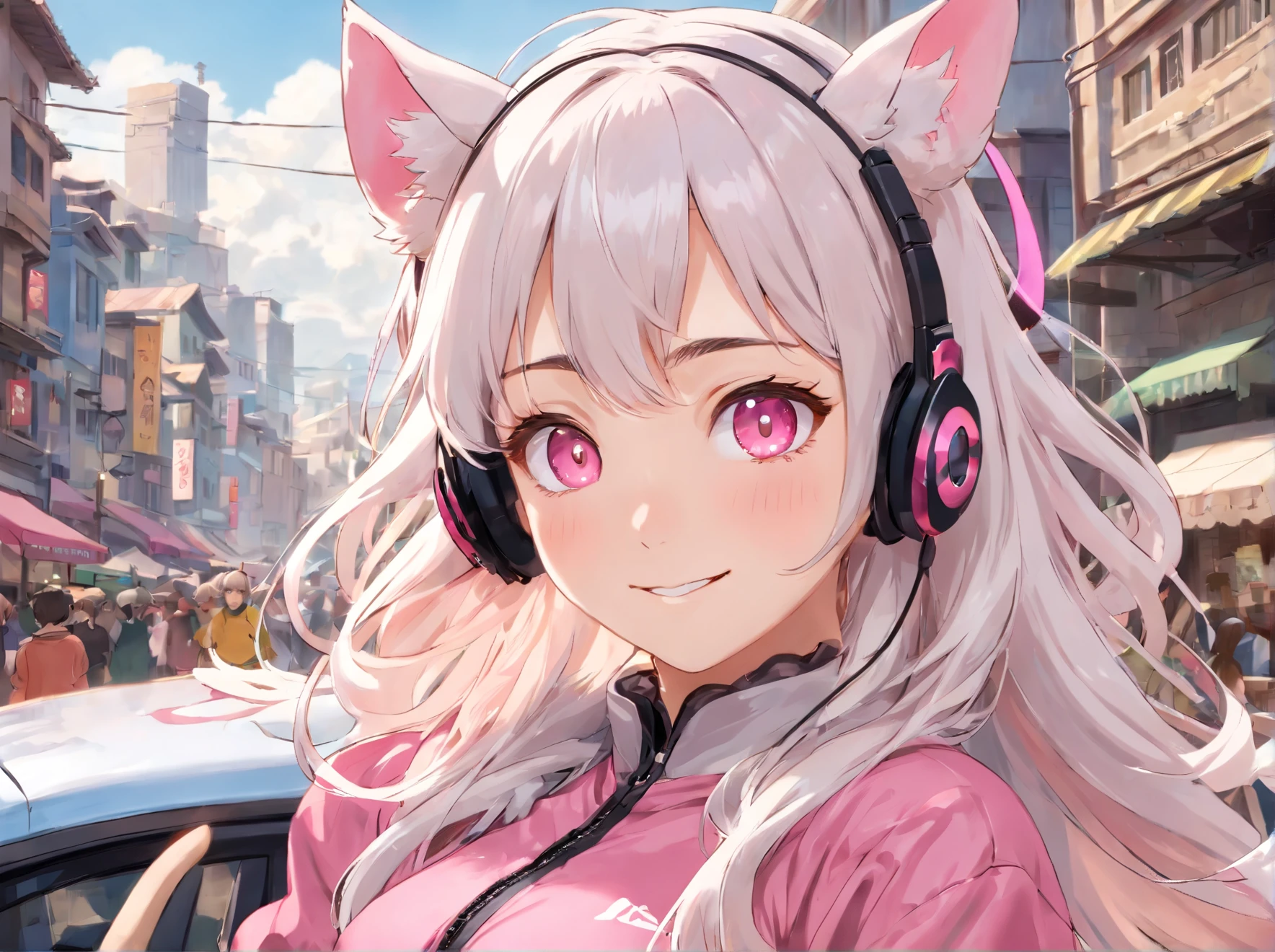 best quality, ultra high resolution, (photorealistic: 1.4),masterpiece,1girl, Kpop idol,(aegyo sal: 1.0),swollen eyes,(City of ruins),alice \(nikke\),(pink body),((animal ear headphones)),(glossy clothes),twintails,(latex suit),(rubber suit),(rubber suit),(rubber suit),(neckline),(thin),((white hair)),(silver hair),(gray hair)),(looking at the viewer),(smile),Happy,(long hair),nsfw, depth of field,detail face, glossy skin, beautiful detailed eyes, thick eye makeup, slim waist, blush, detailed eye makeup, perfect anatomy,(pureerosface_v1:0.1),((pink contacts)), at a car show