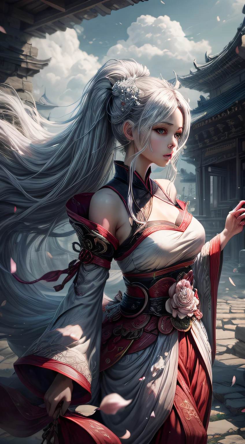 (Best Quality,4K,hight resolution,masutepiece:1.2),Ultra-detailed,Realistic, Black and white Hanfu,Black embroidery, Flowing white ponytail, Long flowing hair, White mask, Masks flutter in the wind, Fringed Hair Ornament, peony flower, Ancient style, Wide sleeves, Dynamic Pose, dramatic compositions, petals falling, red waistband, the complex background, Ancient architecture, Foggy clouds, Fairy tale background, Swirling clouds, Cinematic lighting.