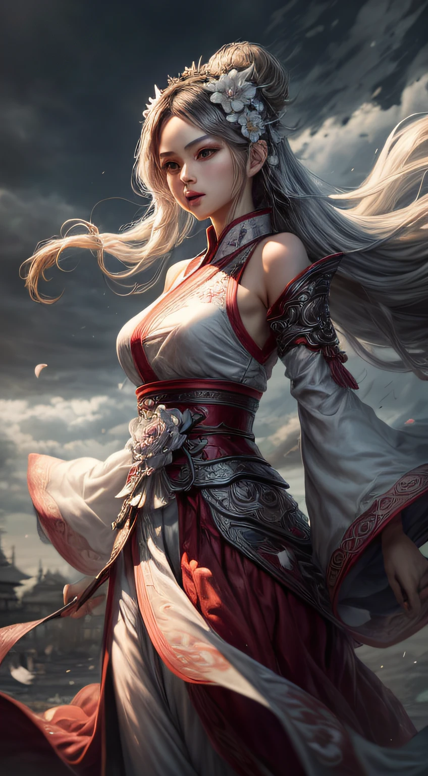 (Best Quality,4K,hight resolution,masutepiece:1.2),Ultra-detailed,Realistic, Black and white Hanfu,Black embroidery, Flowing white ponytail, Long flowing hair, White mask, Masks flutter in the wind, Fringed Hair Ornament, peony flower, Ancient style, Wide sleeves, Dynamic Pose, dramatic compositions, petals falling, red waistband, the complex background, Ancient architecture, Foggy clouds, Fairy tale background, Swirling clouds, Cinematic lighting.