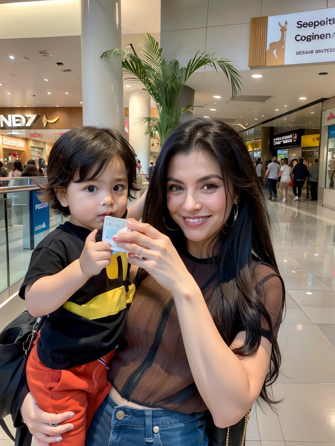there is a woman and a that are posing for a picture, em um shopping, with a kid, um shopping, Alanis Guillen, In Sao Paulo, 3 5 year brazilian mother, by Almeida Júnior, aparecer em um shopping center, Foto do perfil, Ekaterina, Postagem 4k, 4 k post