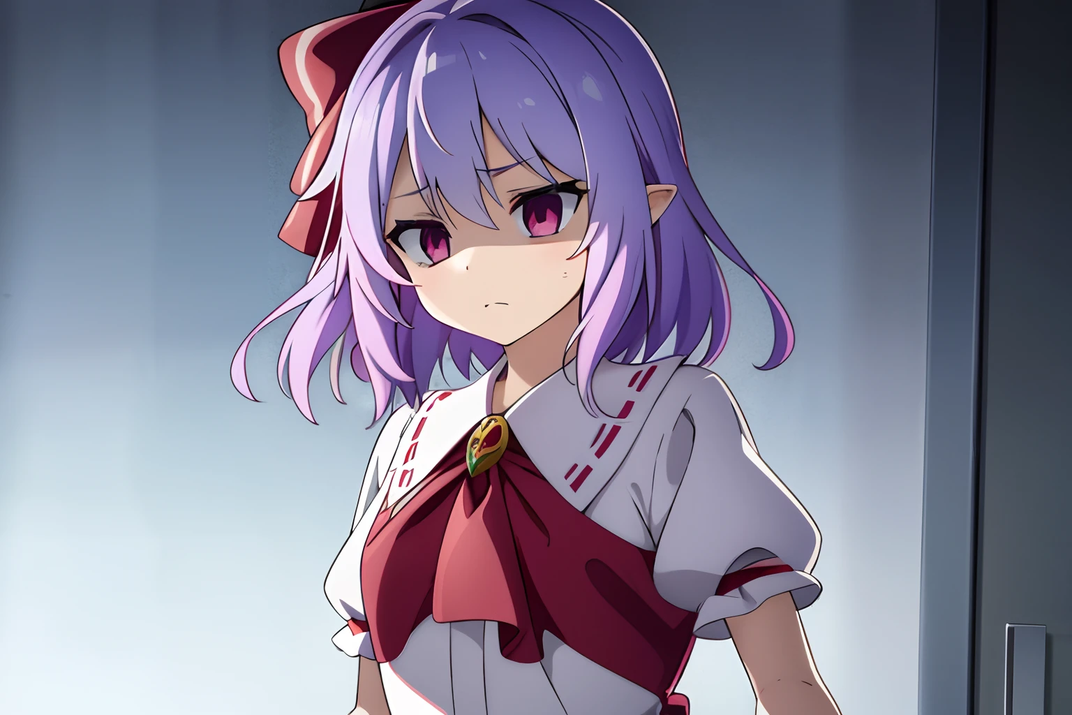 Anime style、Best Quality, 1girl in, Solo, （Remilia Scarlett staring at the camera）、From upper body up、beautiful countenance、Straight face、((Short sleeves))、Petite、childish、White dress style shirt、dead eyes、is standing