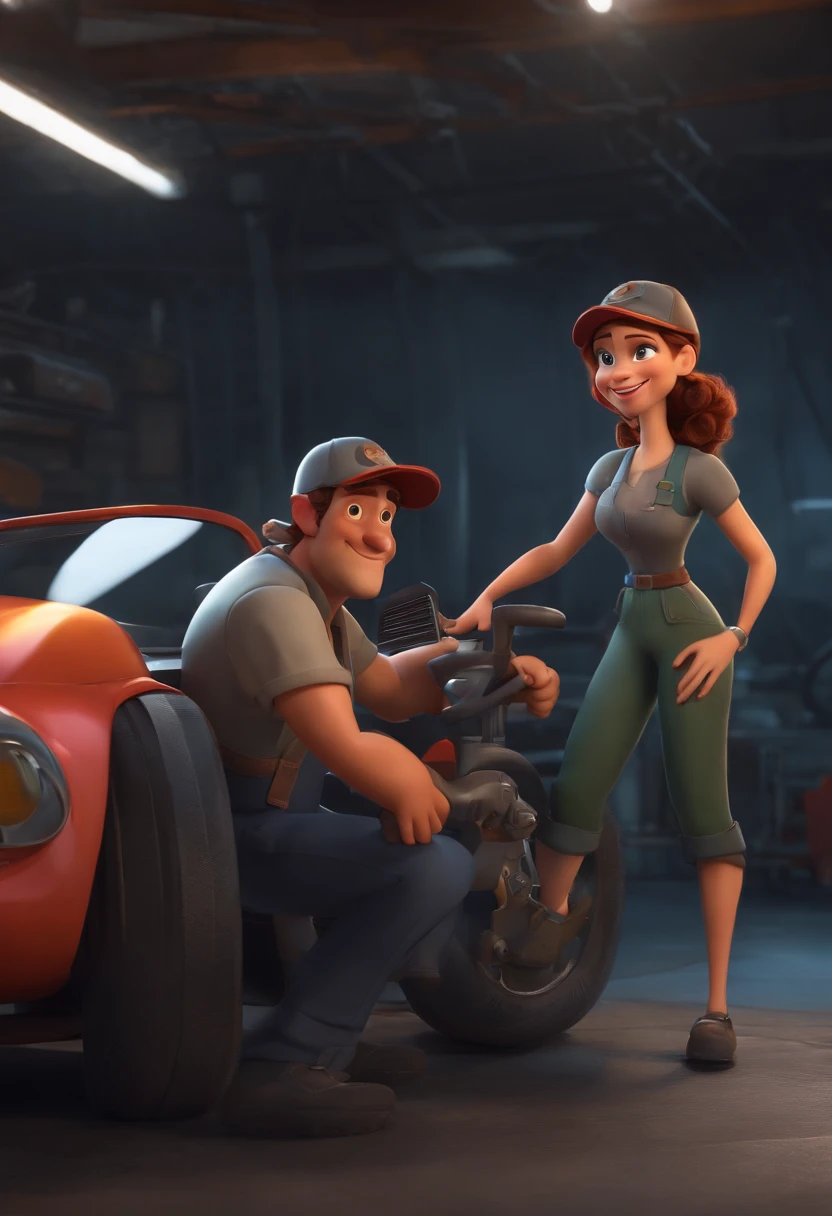 Make a Mechanic, he's smiling, como Disney Cartoon, She's got a vehicle wheel wrench in her hand, with a black shirt and cap, and a gray jumpsuit, Pixar, ..3d, Disney
