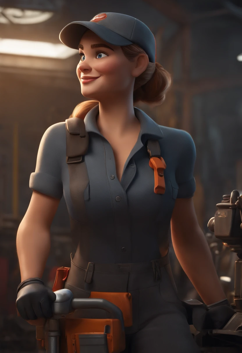 Make a Mechanic, he's smiling, como Disney Cartoon, She's got a vehicle wheel wrench in her hand, with a black shirt and cap, and a gray jumpsuit, Pixar, ..3d, Disney