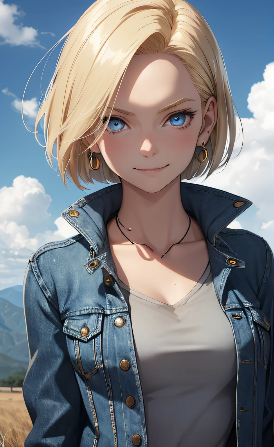 1girl, solo, android 18, blonde hair, blue eyes, short hair, jewelry, earrings, smile, jacket, looking to the side, denim, denim jacket, upper body, lingerie, closed mouth, cloud, sky, day, looking away, blue sky, collarbone,