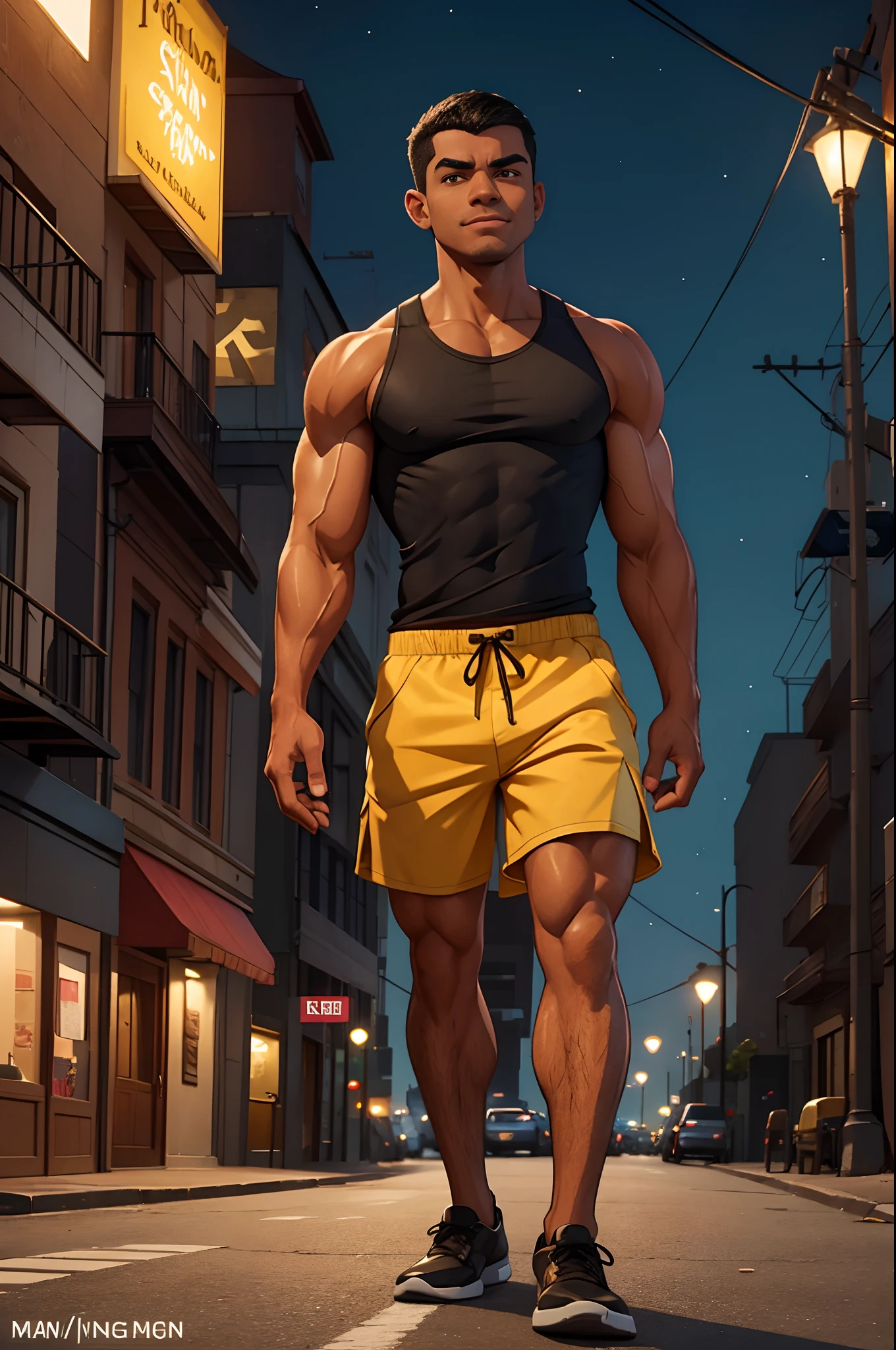 (best quality,ultra-detailed),smirking man with a dark skin tone, displaying his teeth, muscular physique, and a slight smirk on his face, capturing his confidence and charm. The man has a buzz cut hairstyle with black hair. He is standing alone in the streets, wearing a yellow tank top and shorts. The camera angle is from below, emphasizing his strong presence and showcasing his flexed muscles. The scene is illuminated by streetlights, creating a dramatic and mysterious atmosphere. The artwork should have a realistic and high-resolution quality with vivid colors, capturing every intricate detail of the man's features and the surrounding environment.