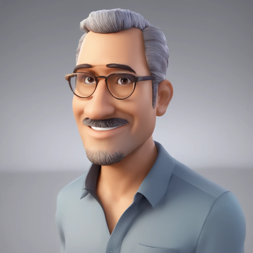 Criar um personagem no estilo Pixar. Trata-se de um homem de 43 anos, com barba curta, Branco, com cabelo preto raspado curto em cima e raspado na altura zero dos lados com degrade, e olhos castanhos claros. Usa terno azul, camisa branca e gravata escura. Corpo malhado. He's a journalist and he should be in front of a microphone.