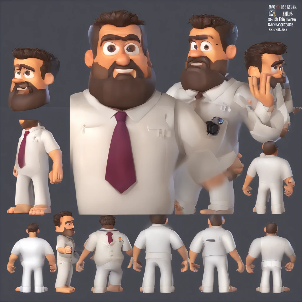 Criar um personagem no estilo Pixar. Trata-se de um homem de 43 anos, com barba curta, Branco, com cabelo preto raspado curto em cima e raspado na altura zero dos lados com degrade, e olhos castanhos claros. Usa terno azul, camisa branca e gravata escura. Corpo malhado. He's a journalist and he should be in front of a microphone.