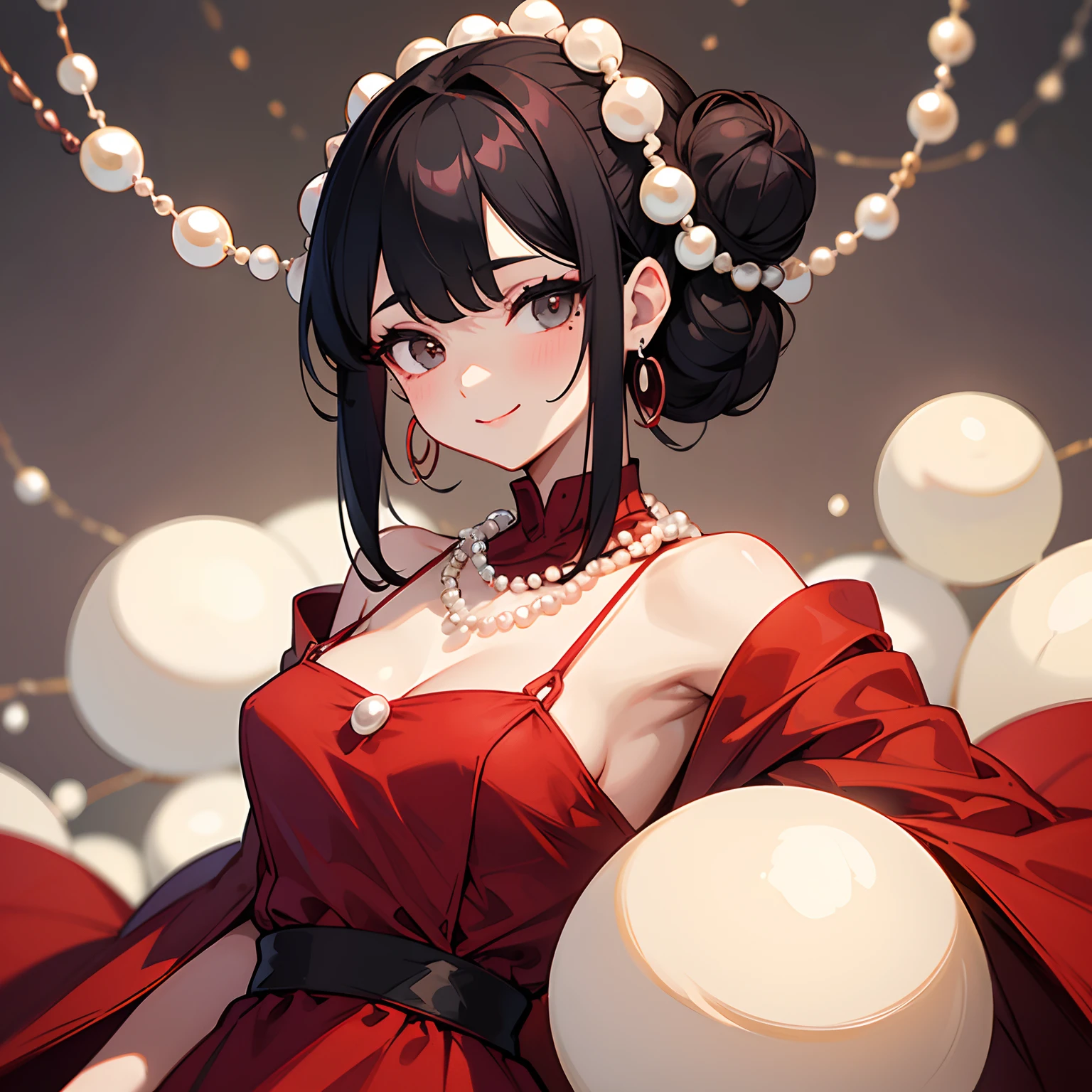 A girl with black hair gathered in a bun, two long strands in front, bangs on one side, gray eyes with long eyelashes, a mole under her right eye, a red dress in the style of the 19th century with a neckline, red earrings, a necklace of pearls, a sly smile