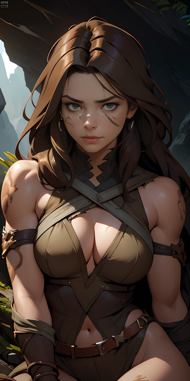 half-length angle, cave background, chiaroscuro lighting, Rembrandt lighting, huntress, wearing torn jungle clothes, with totem painted on her face and arms, long brown hair, appropriate muscle definition, situated on the ground, heroic posture, style realistic, (8k, RAW Photo, best quality, masterpiece: 1.2), (realistic: 1.3), (real skin details: 1.3), (photorealistic: 1.3), detailed facial features, ultra-detailed, masterpiece, lighting realistic, best quality, masterpiece, best quality, extremely detailed 8k CG wallpaper, on artstation