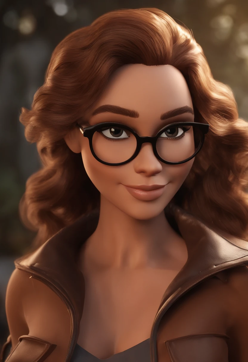Personagem de desenho animado de uma jovem mulher, branca, with black eyeglasses, cabelo longo ondulado marrom escuro e uma camisa preta com a logo da Marvel, animation character, Caractere estilizado, animation style rendering, 3D estilizado, Arnold Maya render, 3 d render stylized, toon render keyshot, Personagem 3D, Personagem 3D, 3d rendering stylized, 3 d character render, personagem de desenho animado, Personagem de close up, Pose de personagem, (Estilo Pixar) (master part:1.2) (Bokeh) (best quality) (pele detalhada) (textura detalhada) (8k) (argila) (Cinematic lighting) (foco nítido)