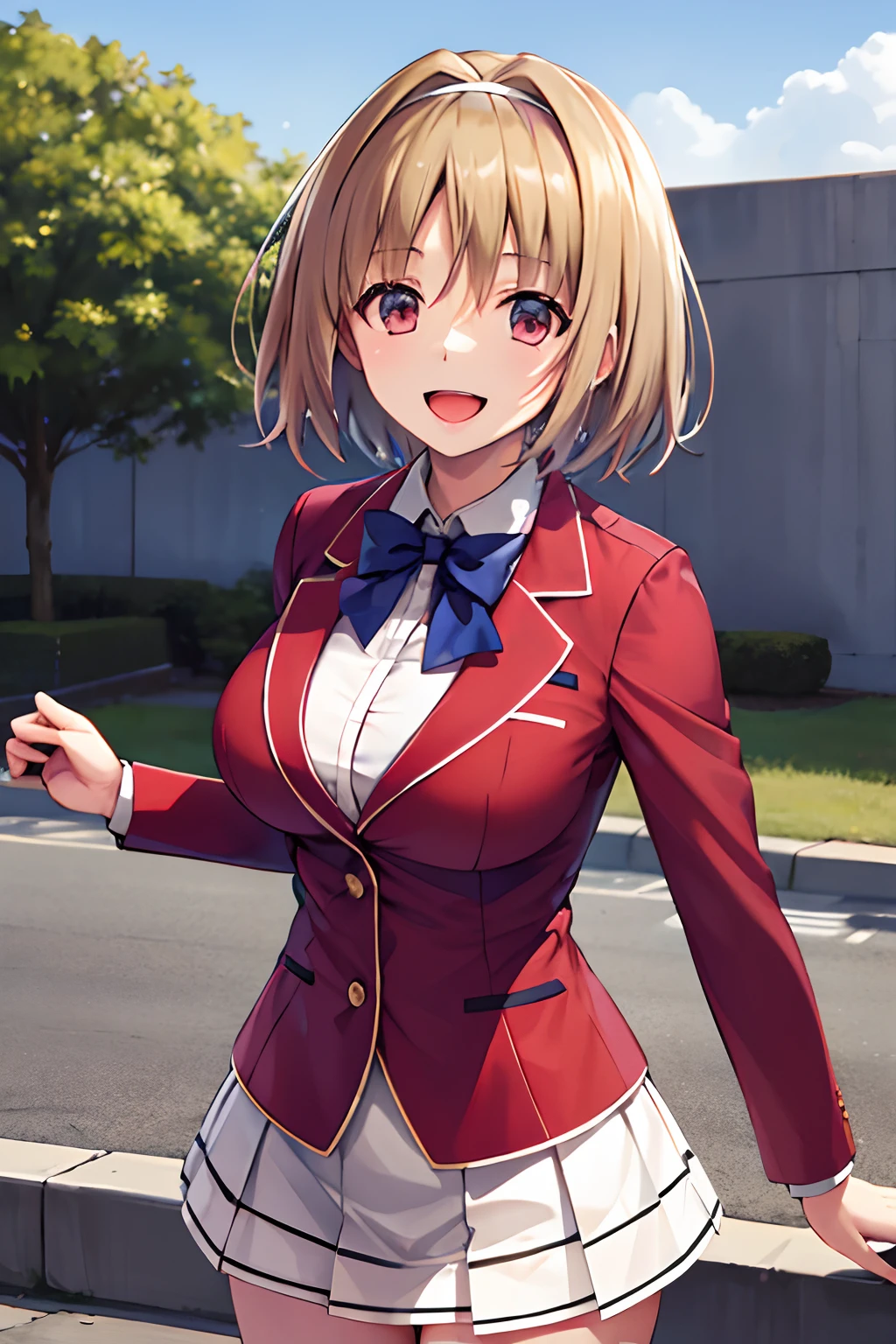 Big tits, masterpiece, best quality, highres, aakikyo, short hair, hair intakes, white hairband, blue bowtie, collared shirt, blazer, red jacket, long sleeves, white skirt, pleated skirt, black socks, cowboy shot, standing, outdoors, straight-on, arms at sides, smile, open mouth,