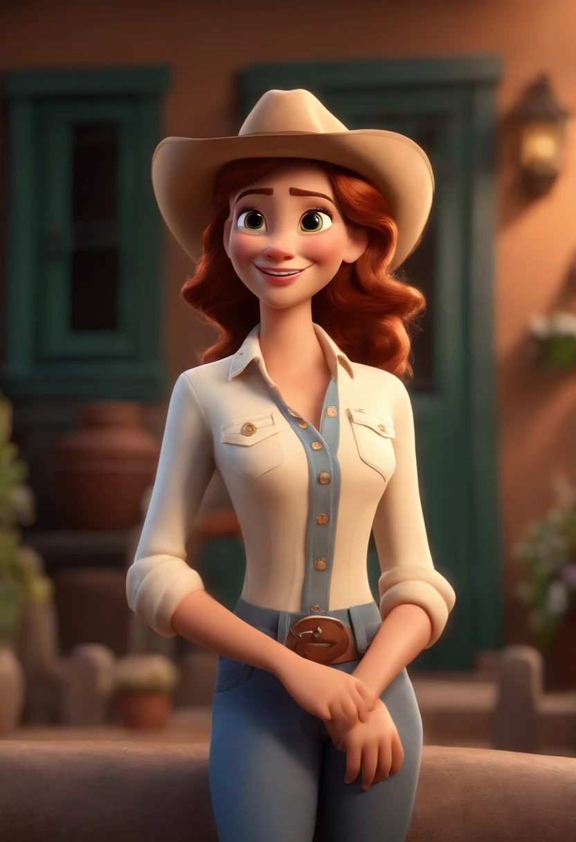 personagem dos desenhos animados de uma mulher de camisa social branca feliz, local fazenda com vacas e cavalos, animation character, Caractere estilizado, animation style rendering, 3D estilizado, imagem no estilo Disney Pixar(Estilo Pixar) (master part:1.2) (Bokeh) (melhor qualidade) (pele detalhada) (textura detalhada) (8k) (argila) (Cinematic lighting) (foco nítido