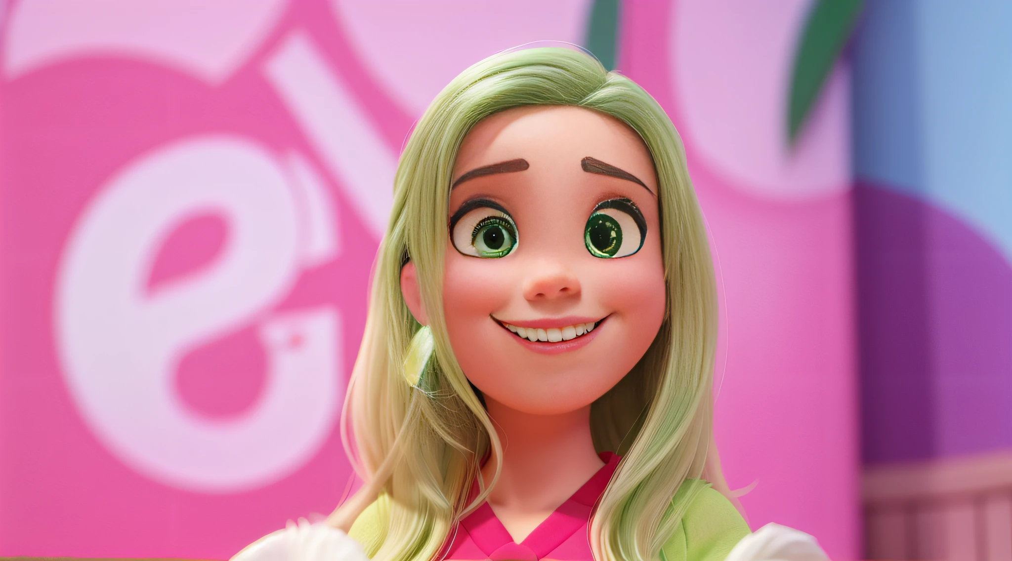Uma mulher loira, olhos verdes, sorrindo, estilo Disney pixar, alta qualidade, 8k, melhor qualidade