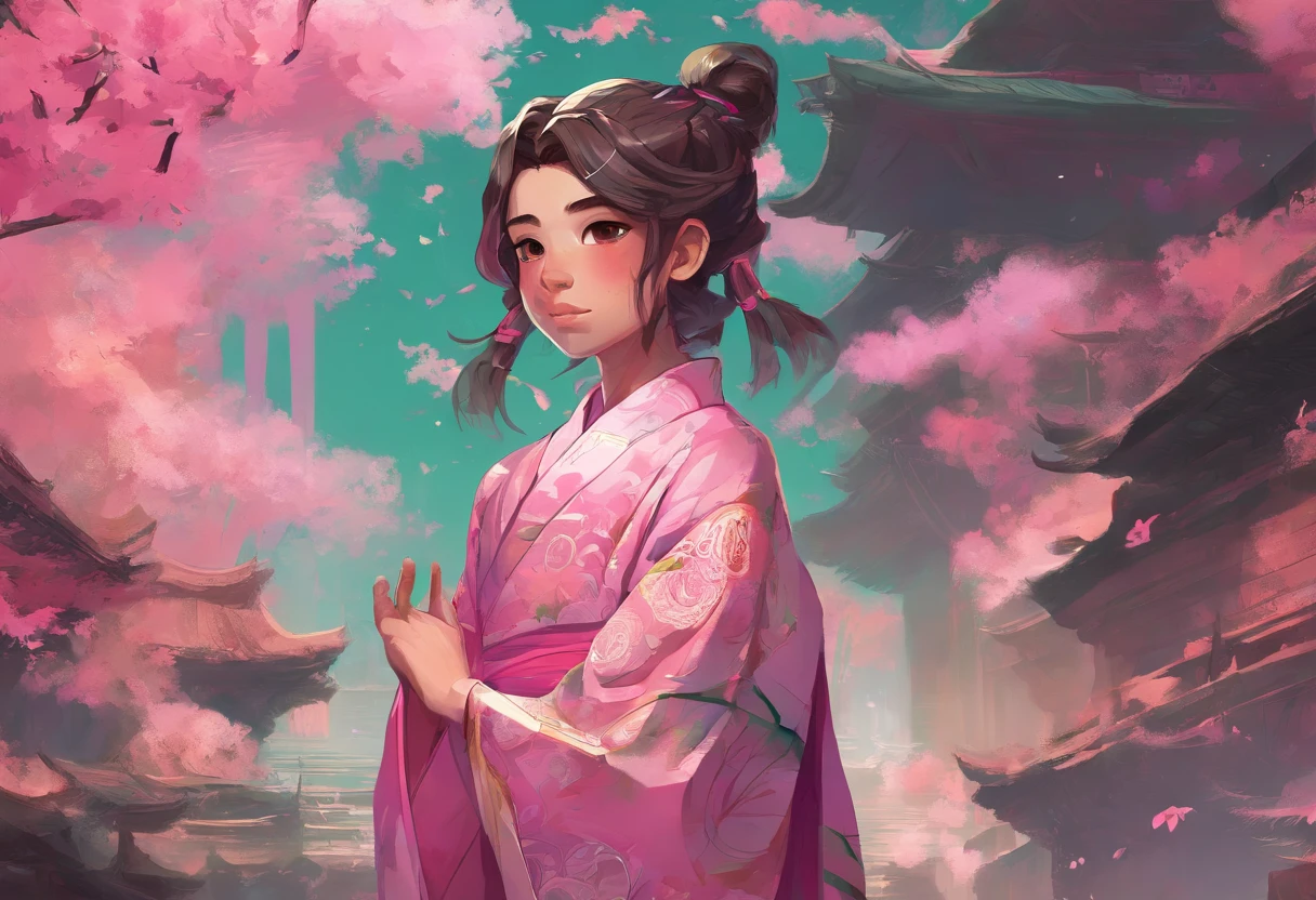 a 14-year-old boy, wearing a pink kimono with green details, with short undercut brown hair, the background is completely multicolored with various shades of pink, with a very visible pink stone, very nice, intricate details.