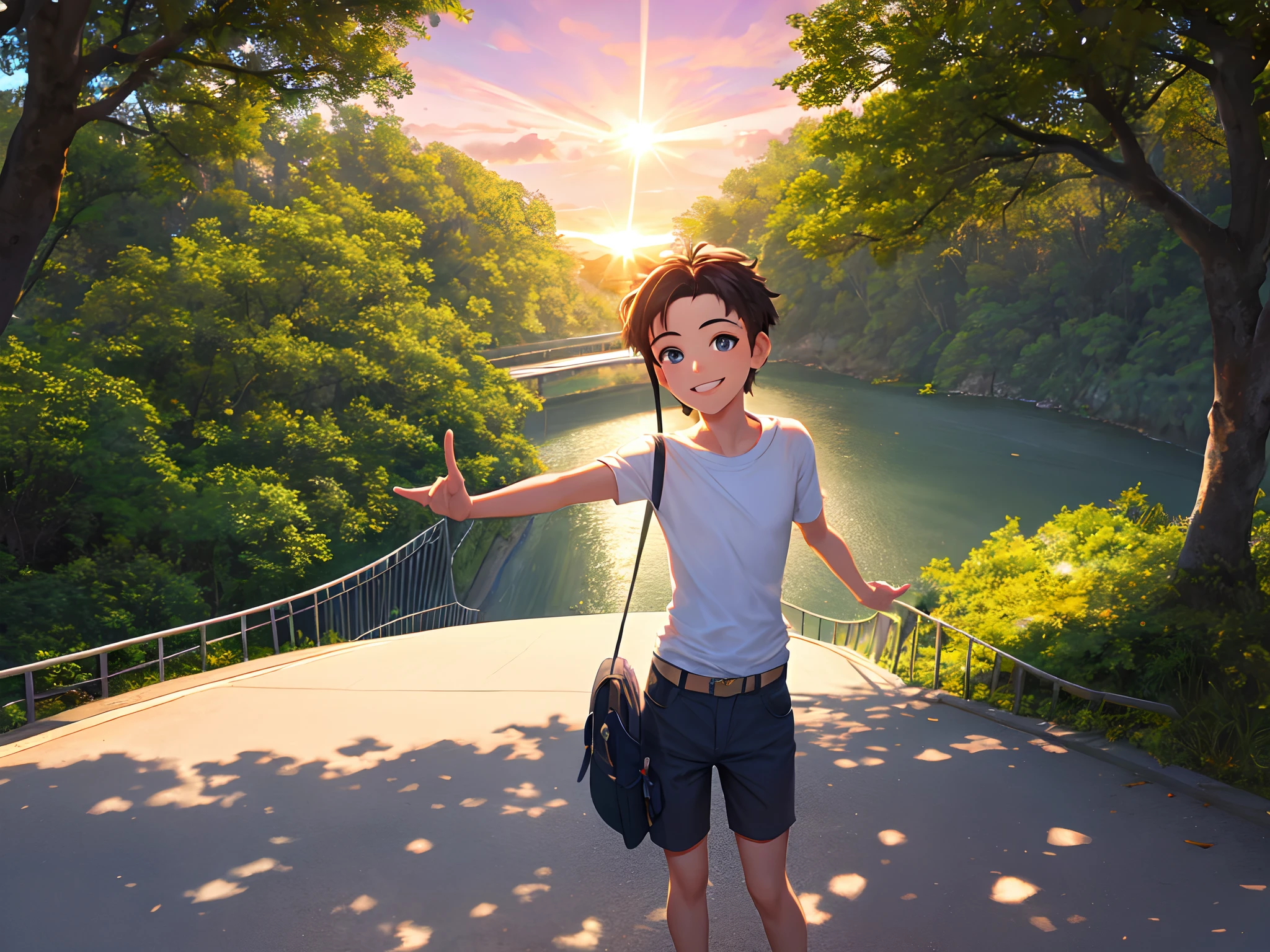 Fotografo masculino de olhos castanhos, cabelo cacheado tipo B, segurando um camera, Smiling on a green bridge with sunset and trees with a lot of brightness because of the sunlight reflecting on it, imagem no estilo disney pixar