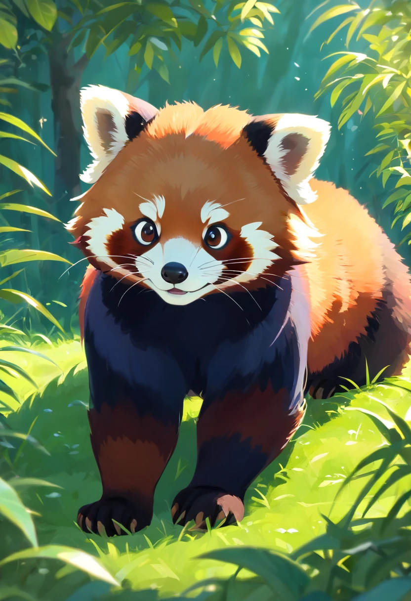 Cute Red Panda，Fluffy，vivid expressions，Playing on the green grass，Biting your own tail，vivid expressions，natural soft light，Soft Focus Filter，ultraclear，Hyper-detailing，8K，a picture，3d rendered
