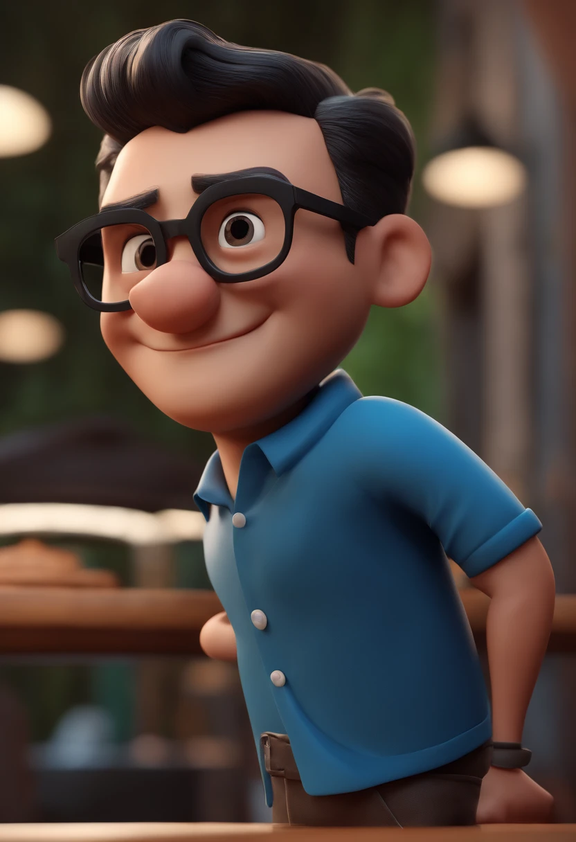 Cartoon character of a man with black glasses and a blue shirt, animation character, Caractere estilizado, animation style rendering, 3D estilizado, Arnold Maya render, 3 d render stylized, toon render keyshot, Personagem 3D, Personagem 3D, 3d rendering stylized, 3 d character render, personagem de desenho animado, Personagem de close up, Pose de personagem,  (Estilo Pixar) (master part:1.2) (Bokeh) (best quality) (pele detalhada) (textura detalhada) (8k) (argila) (Cinematic lighting) (foco nítido
