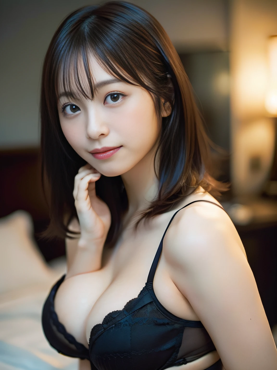 in 8K,Best Quality:1.4, 超A high resolution:1.5, (Photorealistic:1.4),masterpiece:1.2,(top-quality:1.4)、 Raw photo、 (the background is blurred) 、FULL BODYSHOT、Bedrooms、 1日本人の女の子, Cute, (Solo:1.4), (Shy smile), Smooth skin、Neat underwear、 (Brown medium hair,Bangs), (touch hair:1.4),nogizaka,undergarment,Supple fingertips,Beautiful black eyes、dual、natural skin textures:1.3, realistic eyes and face details:1.7、((D-cups))、middlebreasts、Gravure Pose、Toned buttocks:1.5、(((all-fours)))、gazing at viewer、Sweaty skin、Female Panther Pose、Backshots
