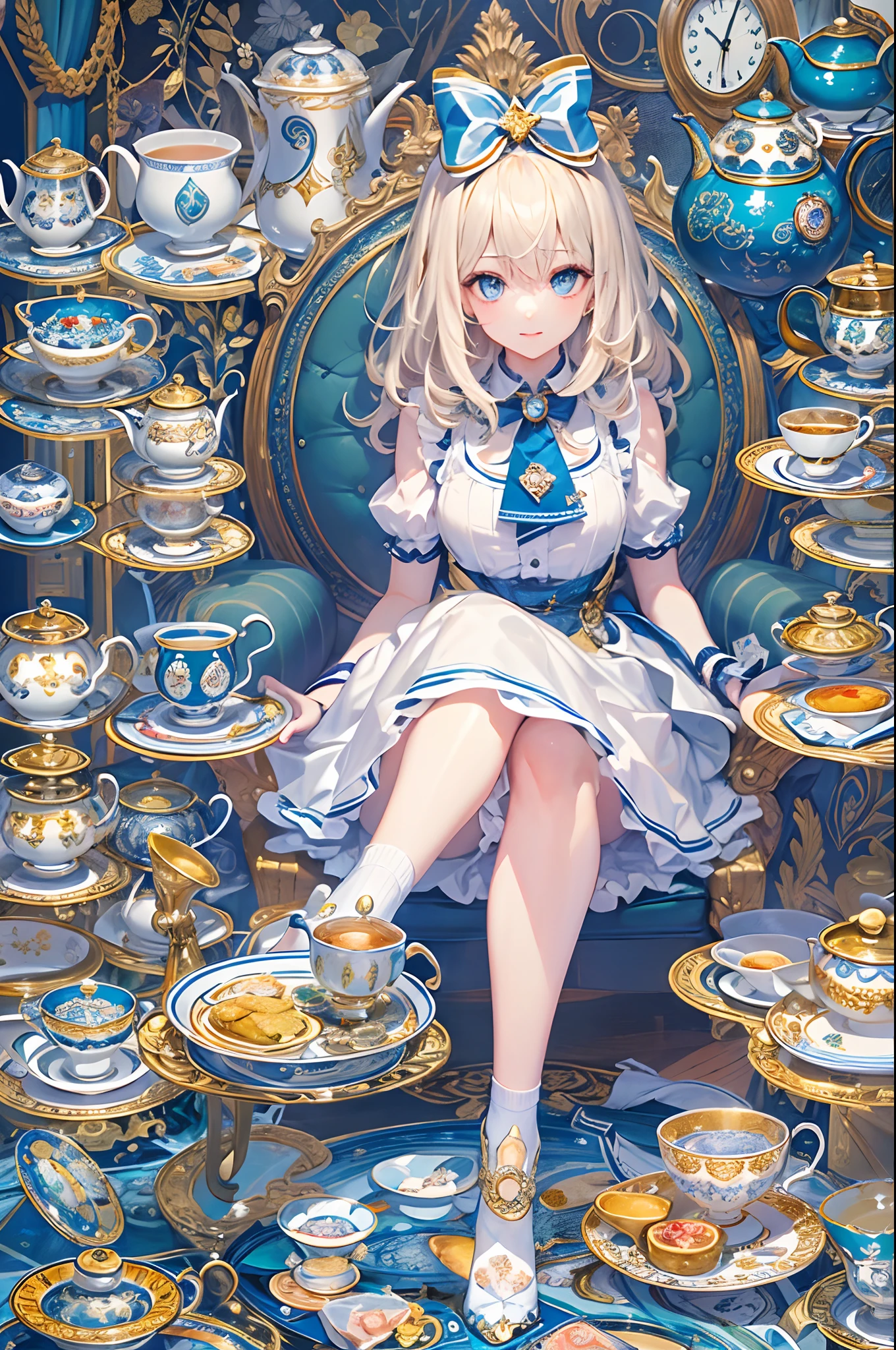 (masuter piece、top-quality、Mystical、Beautifully Aesthetic、Perfect human body balance、offcial art、Impresionismo、von gogh:1.2)、(1 girl in:1.3)、(Fractal Art:1.0)、shinny skin、patterns、(alice in the wonderland:1.2)、(PlayingCards、tea cup、pocket watch:1.3)、(Tie your hair with a ribbon、Blue Dress、a miniskirt、beauty legs、White Apron、white sock、platinum-blonde、Blue eyes)、Exotic wallpapers、highly colorful、Abstract background、Fantastical