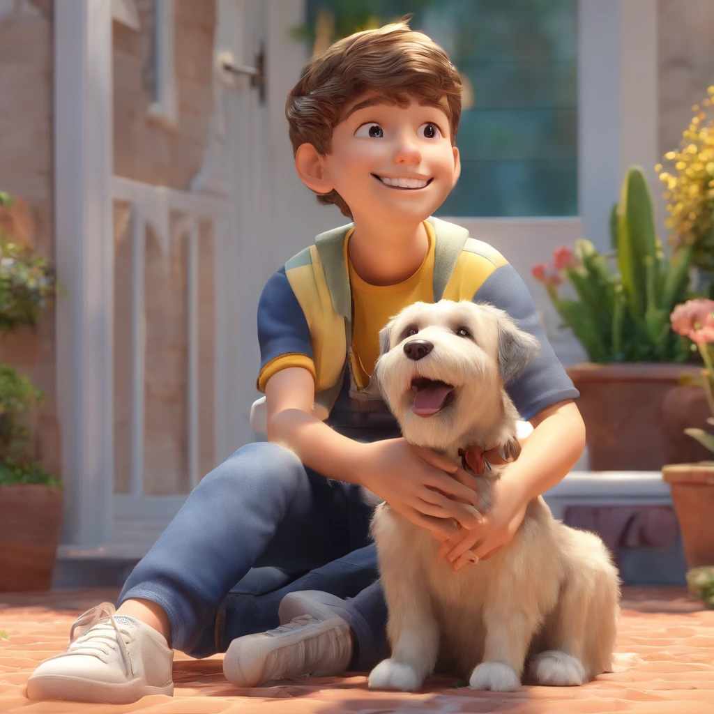 Lucas is a smiling -yeld hu boy, com seu fiel amigo, Bolt, o cachorro schnauzer, deitados no jardim