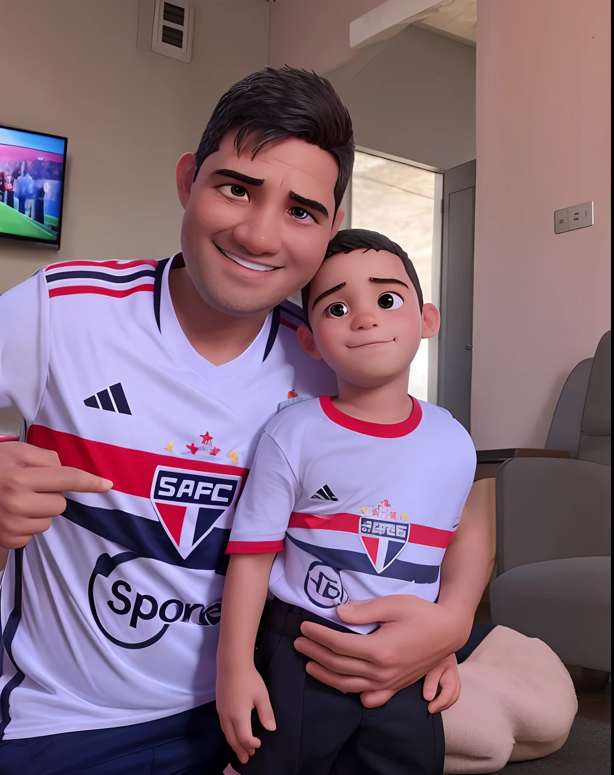 Thin 30 year old man, con ropa deportiva, dark hair and 5 year old boy , ambos en medio de un campo de futbol 