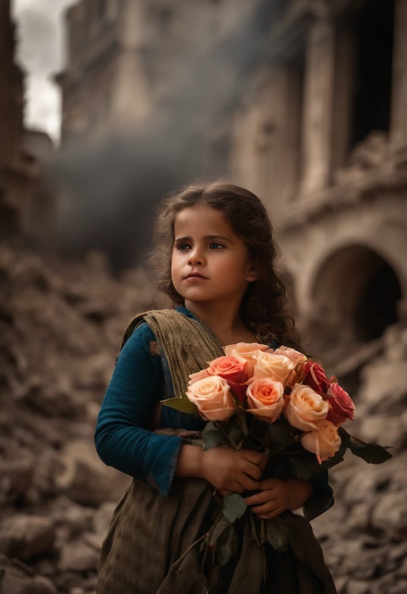 uma foto super realista de um soldado na guerra, To the camera with eyes full of tears in her arms Baby sleeping in arms holding roses, ao fundo a bandeira de Israel rasgada, City on fire and ruined bombed