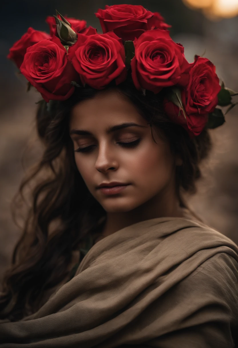 uma foto super realista de um soldado na guerra, To the camera with eyes full of tears in her arms Baby sleeping in arms holding roses, ao fundo a bandeira de Israel rasgada, City on fire and ruined bombed
