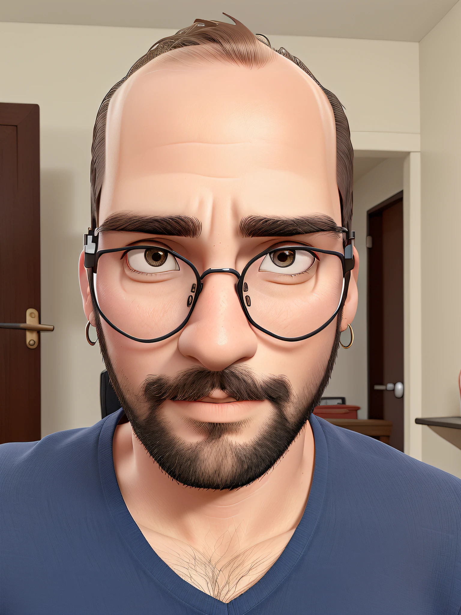 a 29-year-old man, wearing glasses and earrings, staring at the camera