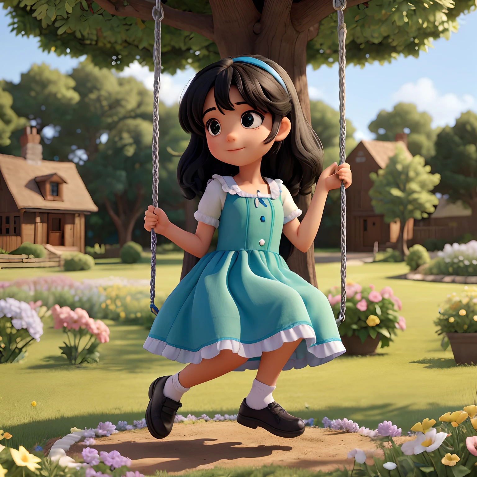 A girl with black hair in a blue dress with small breast playing on the swing of the tree that is near her house with a garden full of flowers is a very green lawn