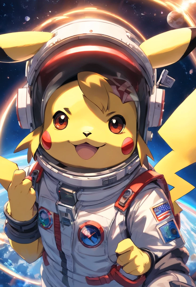 Playful and cute Pikachu wearing astronaut costume,Lively and agile,cabelos amarelos e macios,blush vermelho,tamanho, Olhos cintilantes,Orelhas pontudas fofas。(Pikachu:1.5),There is a large traditional tattoo area on the left arm