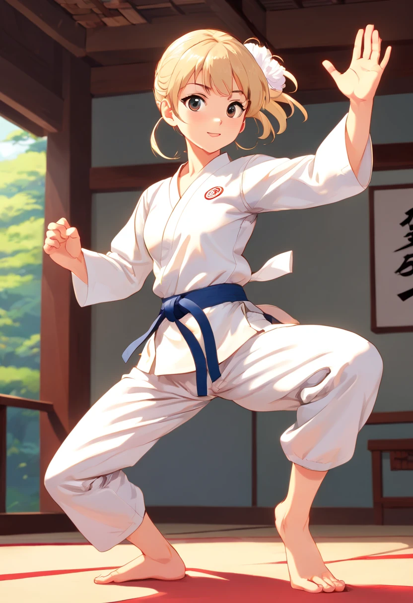 Woman training Shotokan karate performing Gedan-Barai movement at Zenkutsu Dachi base, animated color photos, retrato honesto, corpo inteiro(obra prima:1.3), (8k, alta resolução, uma imagem, Qualidade de imagem superior: 1.4), (1girl em), ligh cabelos castanhos, cabelos ondulados, rosto bonito atraente, (um sorriso: 1.15), 17 anos, corpo inteiro, bare-legged(White Karate Uniform:1.4), Corpo atraente com beleza curva suave, Poses sensuais ousadas, Anatomia Perfeita, TÓQUIOcty
