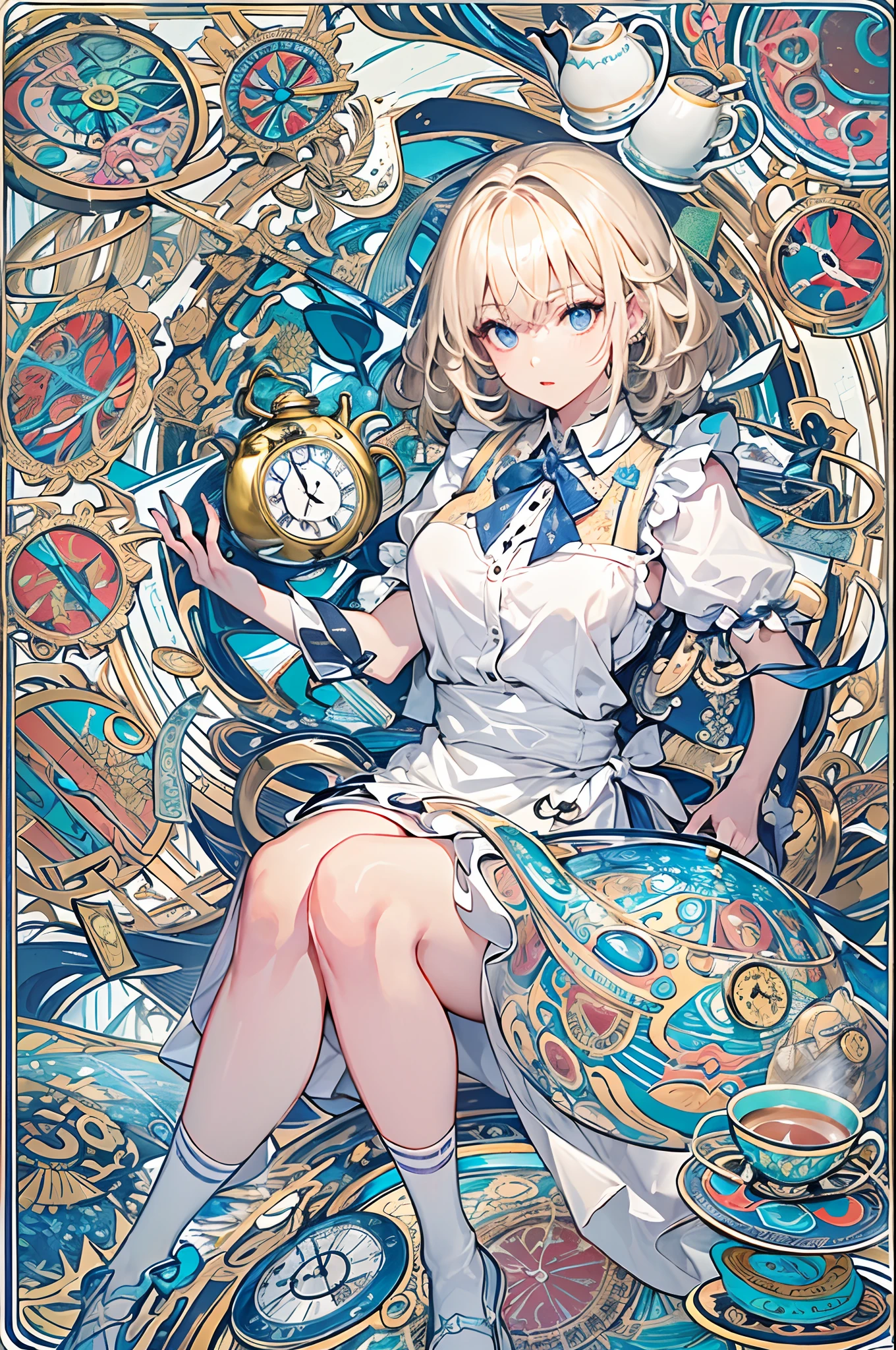 (masuter piece、top-quality、Mystical、Beautifully Aesthetic、Perfect human body balance、offcial art、Impresionismo、von gogh:1.2)、(1 girl in:1.3)、(Fractal Art:1.0)、shinny skin、patterns、(alice in the wonderland:1.2)、(PlayingCards、tea cup、pocket watch:1.3)、(Tie your hair with a ribbon、Blue Dress、a miniskirt、beauty legs、White Apron、white sock、platinum-blonde、Blue eyes)、Exotic wallpapers、highly colorful、Abstract background、Fantastical