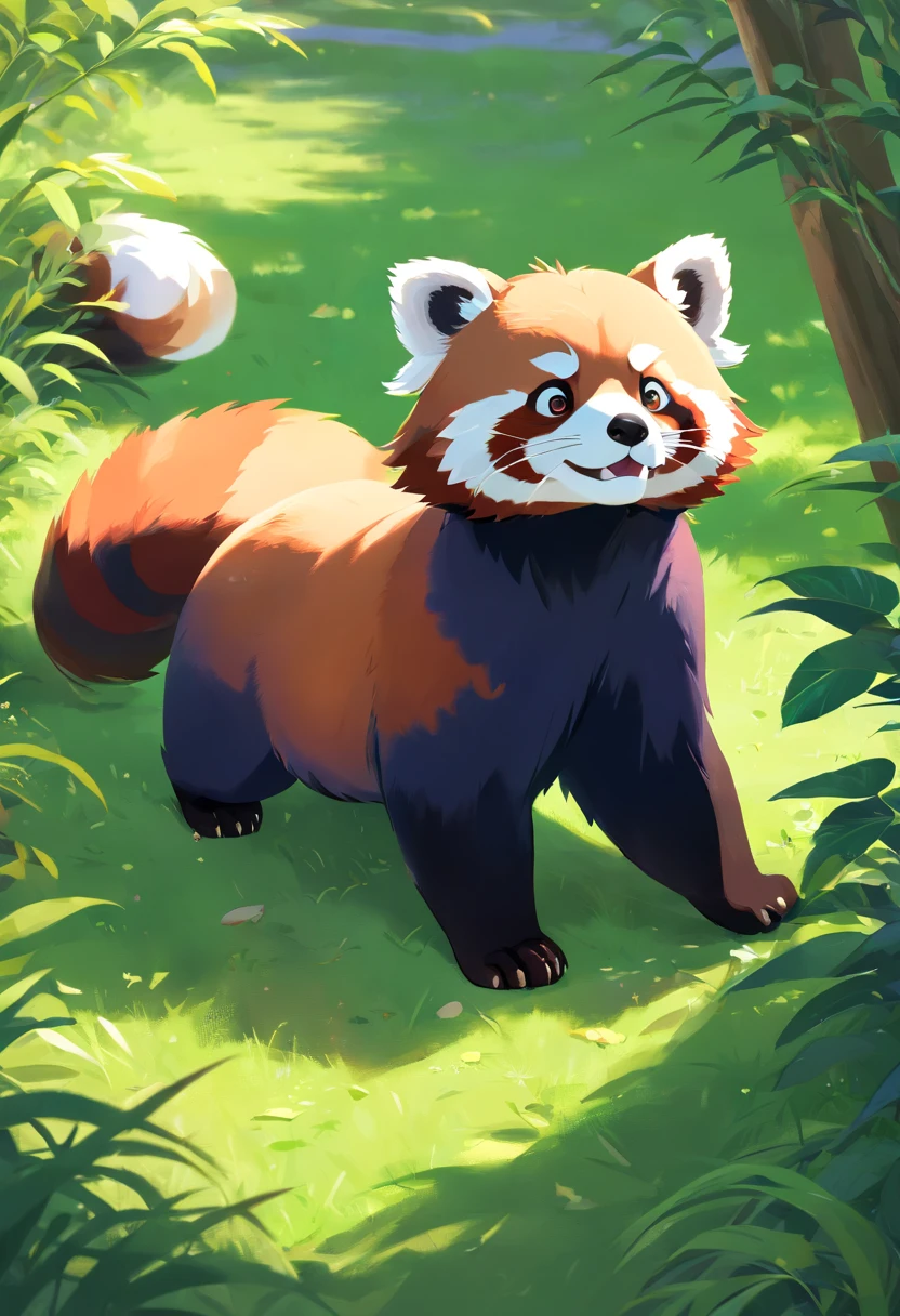 Cute Red Panda,Fluffy,vivid expressions,Playing on the green grass,Biting your own tail,vivid expressions,natural soft light,Soft Focus Filter,ultraclear,Hyper-detailing,8K,a picture,3d rendered
