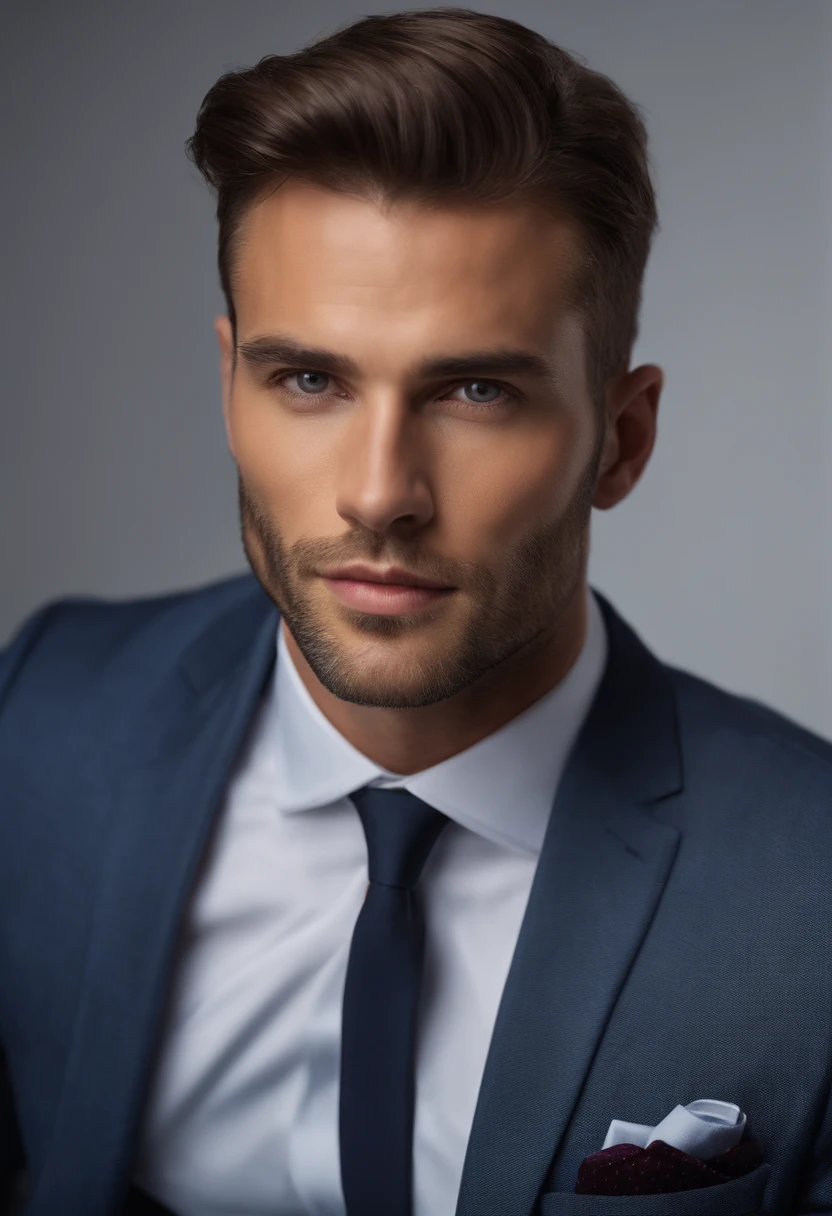 attractive 30 year old man in Hugo boss business suit , Belle barbe , Executive Sexy Man, Terno donc, Front camera focus, mode portrait, perfectly straight in front of the camera