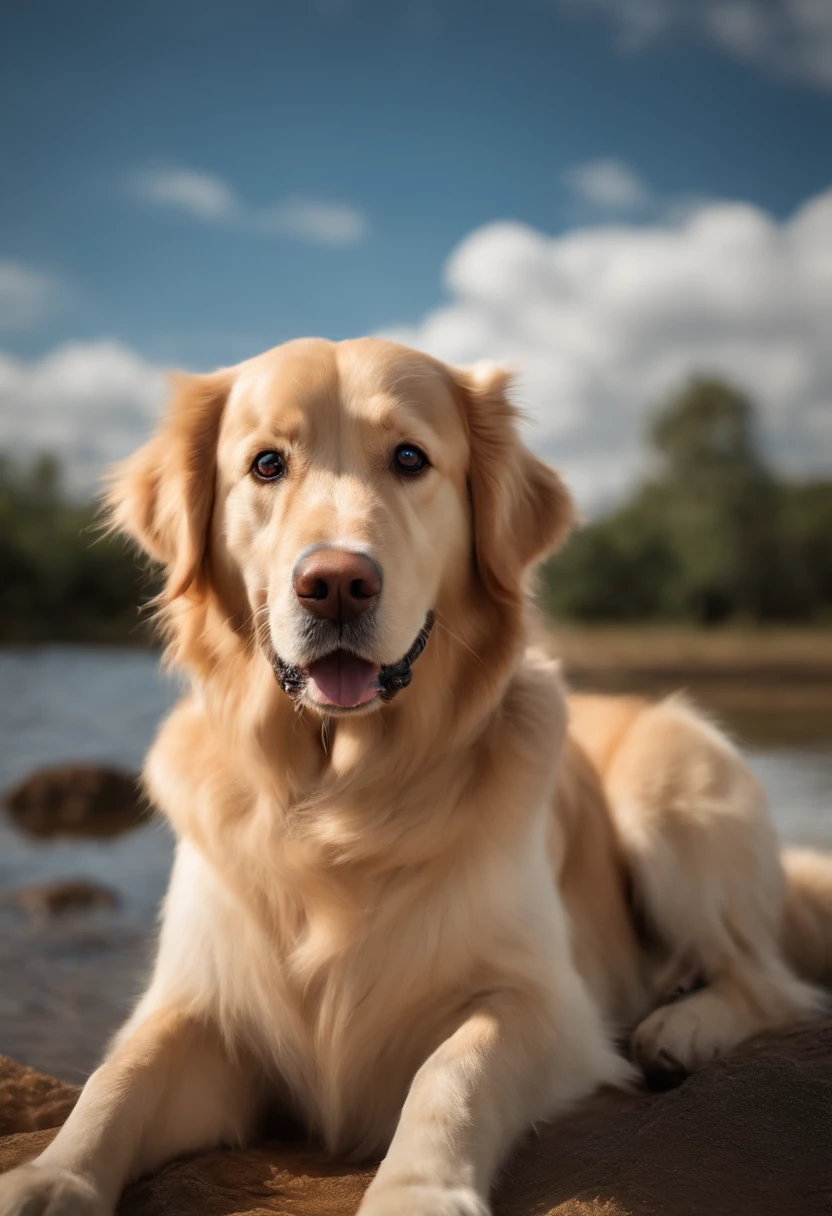 Create a Disney Pixar personal as an adult male golden retriever dog, com os olhos castanhos e brilhantes e feliz. Background: a blue sky with white clouds.