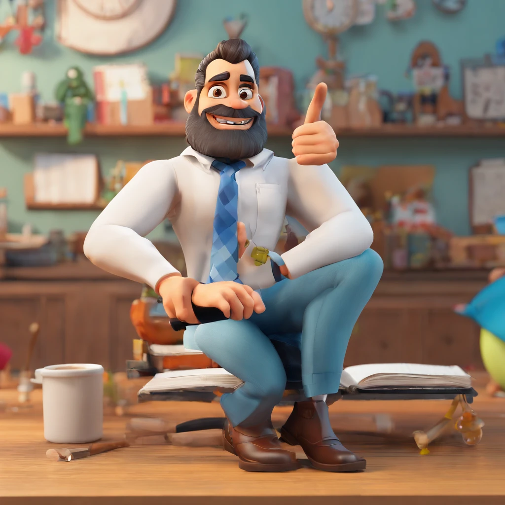 Criar um personagem no estilo Pixar. Trata-se de um homem de 43 anos, com barba curta, Branco, com cabelo preto raspado curto em cima e raspado na altura zero dos lados com degrade, e olhos castanhos claros. Usa terno azul, camisa branca e gravata escura. Corpo malhado. He's a journalist and he should be in front of a microphone.
