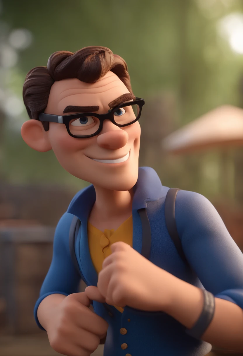 Cartoon character of a man with black glasses and a blue shirt, animation character, Caractere estilizado, animation style rendering, 3D estilizado, Arnold Maya render, 3 d render stylized, toon render keyshot, Personagem 3D, Personagem 3D, 3d rendering stylized, 3 d character render, personagem de desenho animado, Personagem de close up, Pose de personagem, (Estilo Pixar) (master part:1.2) (Bokeh) (best quality) (pele detalhada) (textura detalhada) (8k) (argila) (Cinematic lighting) (foco nítido