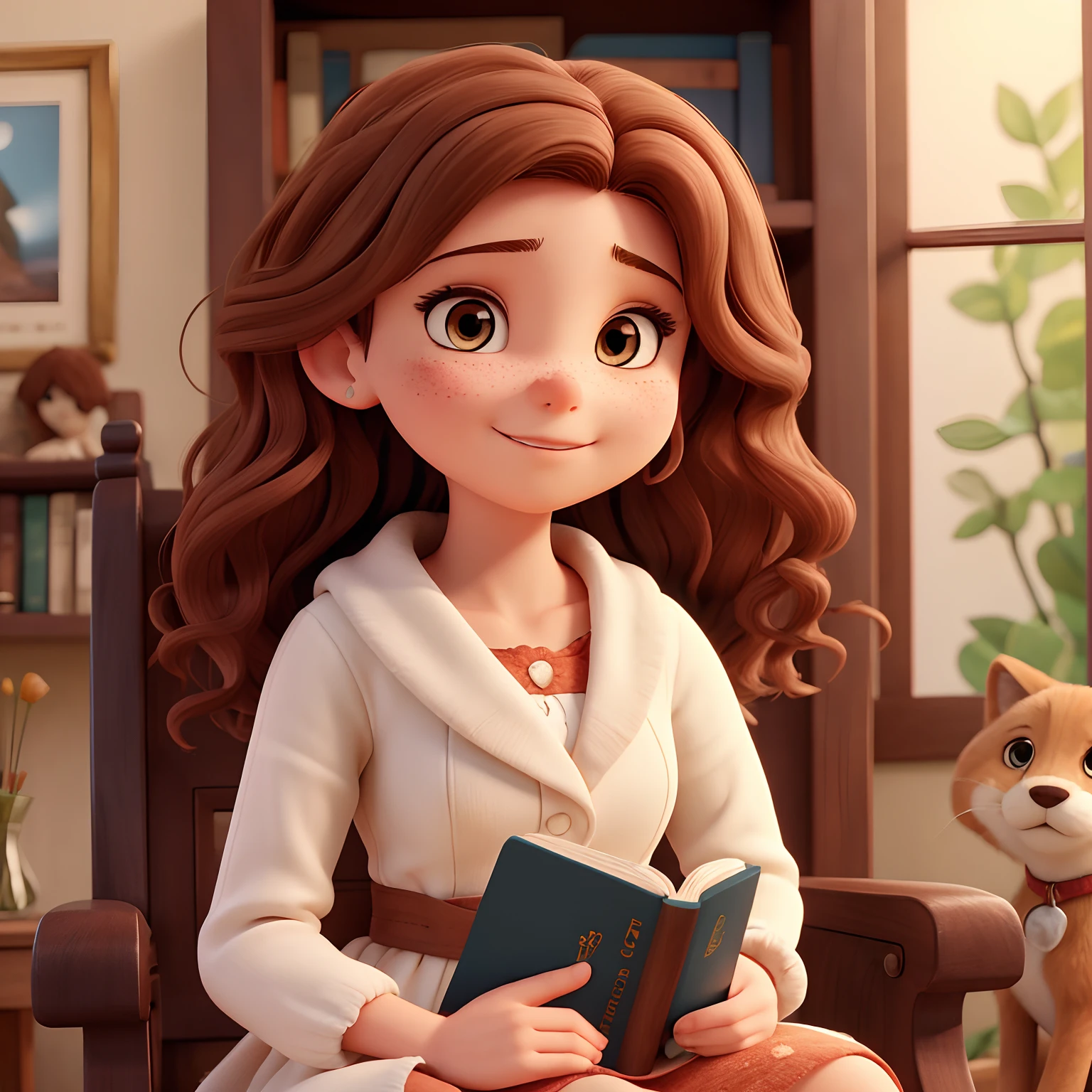 Obra-prima, de melhor qualidade, A 20-year-old woman with waist-length, wavy, reddish-brown hair, The eyes are the color of the hair, ela possui olhos marcantes e delineados, It also has some light freckles on its cheeks, Her body is slender and curvy, She's wearing a dress and she's sitting in an armchair reading a book with her puppy and white puppy lying on her lap