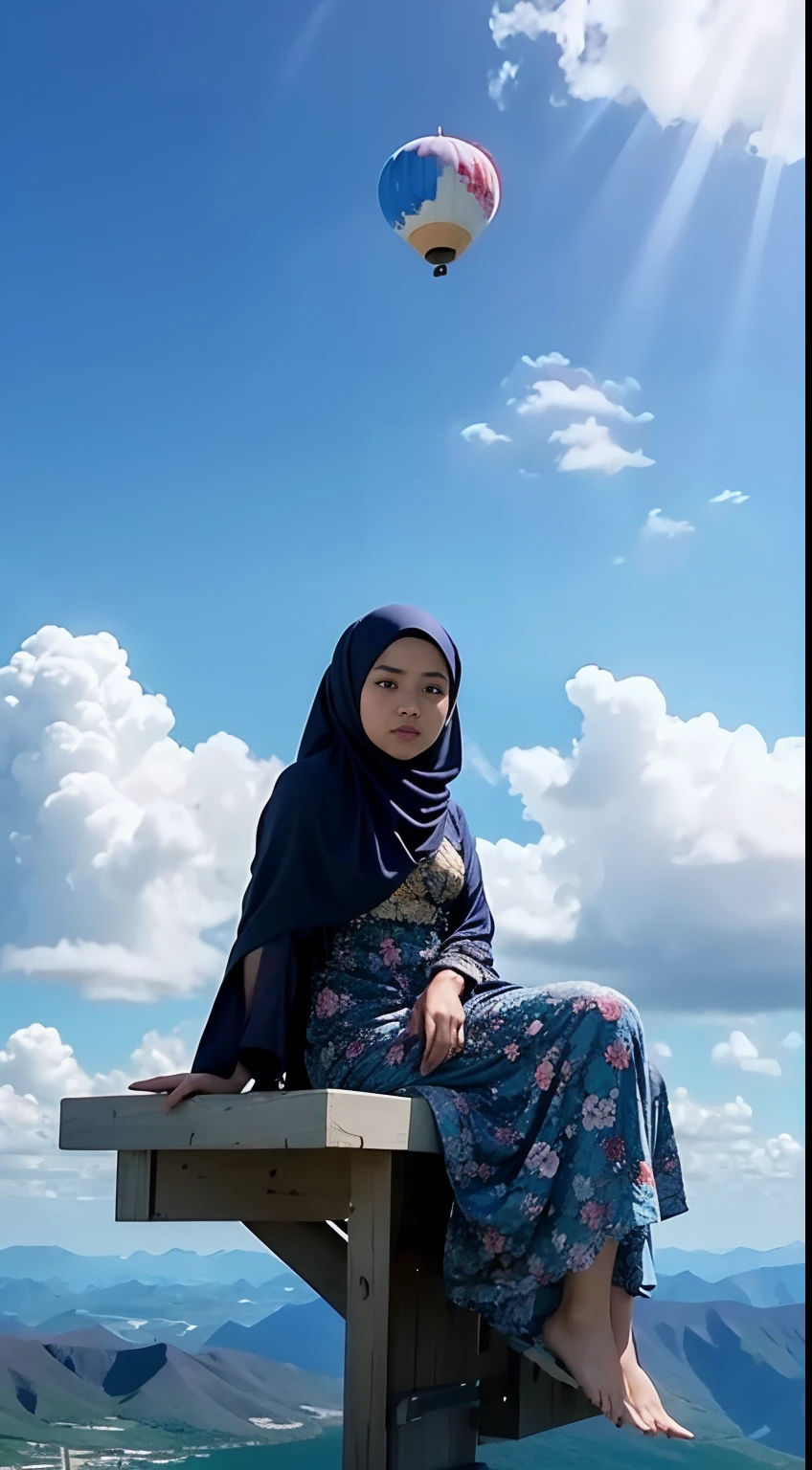 Capture the Malay girl in blue hijab and floral pattern baju kurung sitting on a fluffy cloud high in the sky. The cloud acts as her personal retreat in the sky, suspended above the world below, 28mm lens, Establishing shot, muted color grading, cinemascope effect, high quality, using Panavision DXL2 camera,