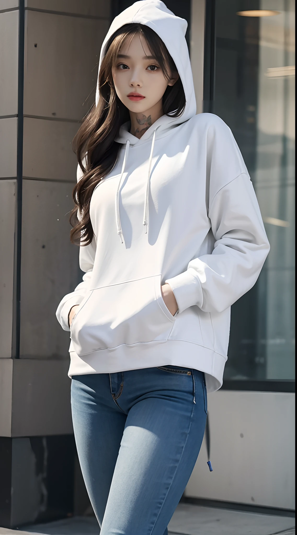 Masterpiece, Best quality, 1girll,stand posture,anatomy correct,172 cm tall,White hoodie,skintight jeans,Tattooed with,wavy and long hair,Accurate and perfect face,Slender and slender figure,Skinny,Skinny,Smaller bust,White sneakers