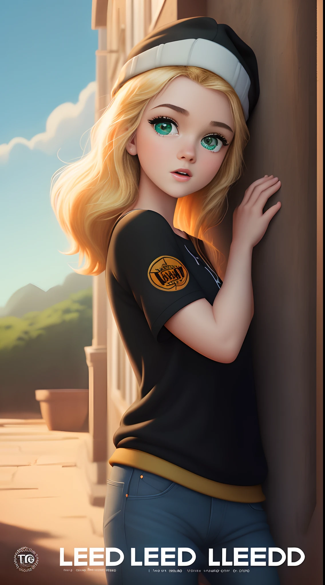 Disney pixar-inspired movie poster with title "(TUDO LED)". (YOUNG BLOND GREEN EYES IN BLACK CAP). The scene should be in the distinct digital art style of pixar, with