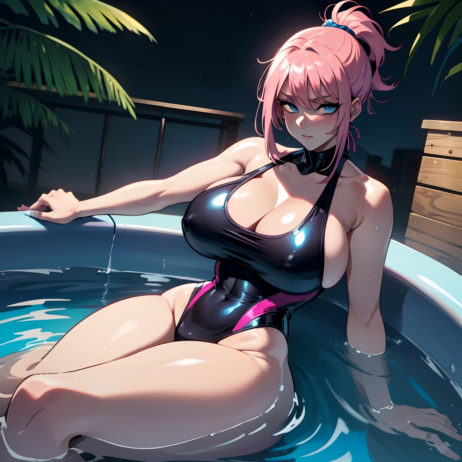 (one female: 1.5) wearing metallic neon pink one piece swimsuit, brown long ponytail, beautiful blue eyes, showing cleavage, sitting alone in jacuzzi in back yard of house, alone (SOLO: 1.5),(ALONE: 1.5), large chest, curvy, perfect body close shot, best quality:1.5, sexy legs, hide hands behind back, sagging boobs, soft smile, blushing
