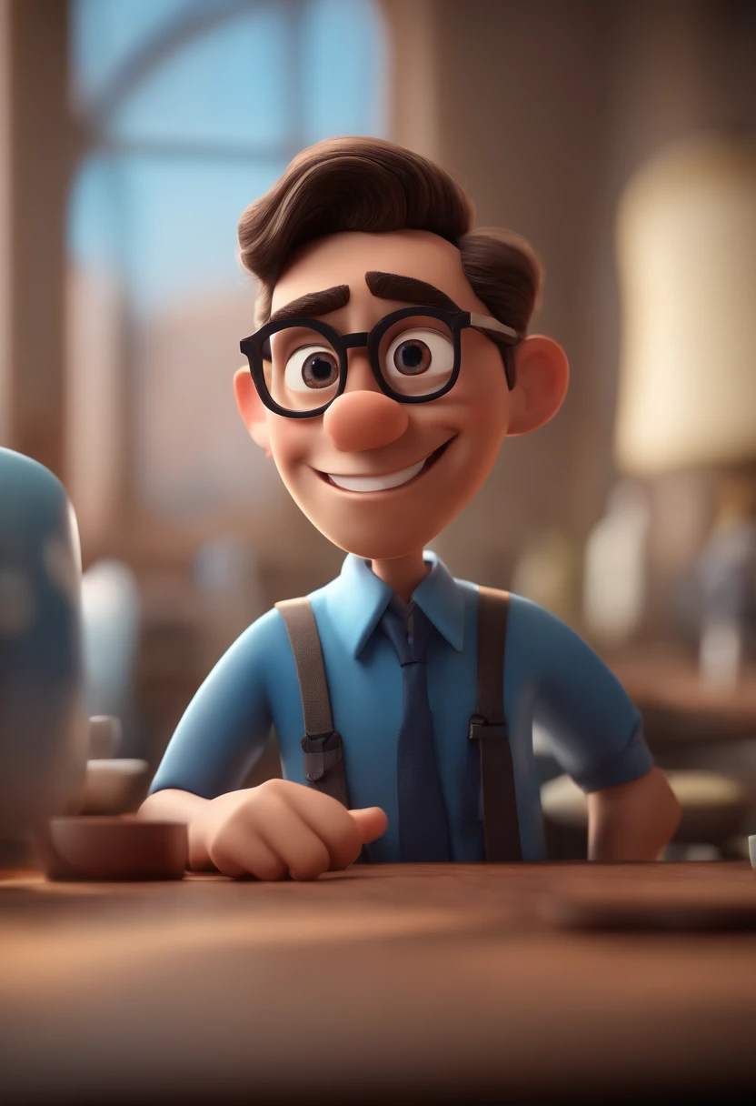 Cartoon character of a man with black glasses and a blue shirt, animation character, Caractere estilizado, animation style rendering, 3D estilizado, Arnold Maya render, 3 d render stylized, toon render keyshot, Personagem 3D, Personagem 3D, 3d rendering stylized, 3 d character render, personagem de desenho animado, Personagem de close up, Pose de personagem, (Estilo Pixar) (master part:1.2) (Bokeh) (best quality) (pele detalhada) (textura detalhada) (8k) (argila) (Cinematic lighting) (foco nítido