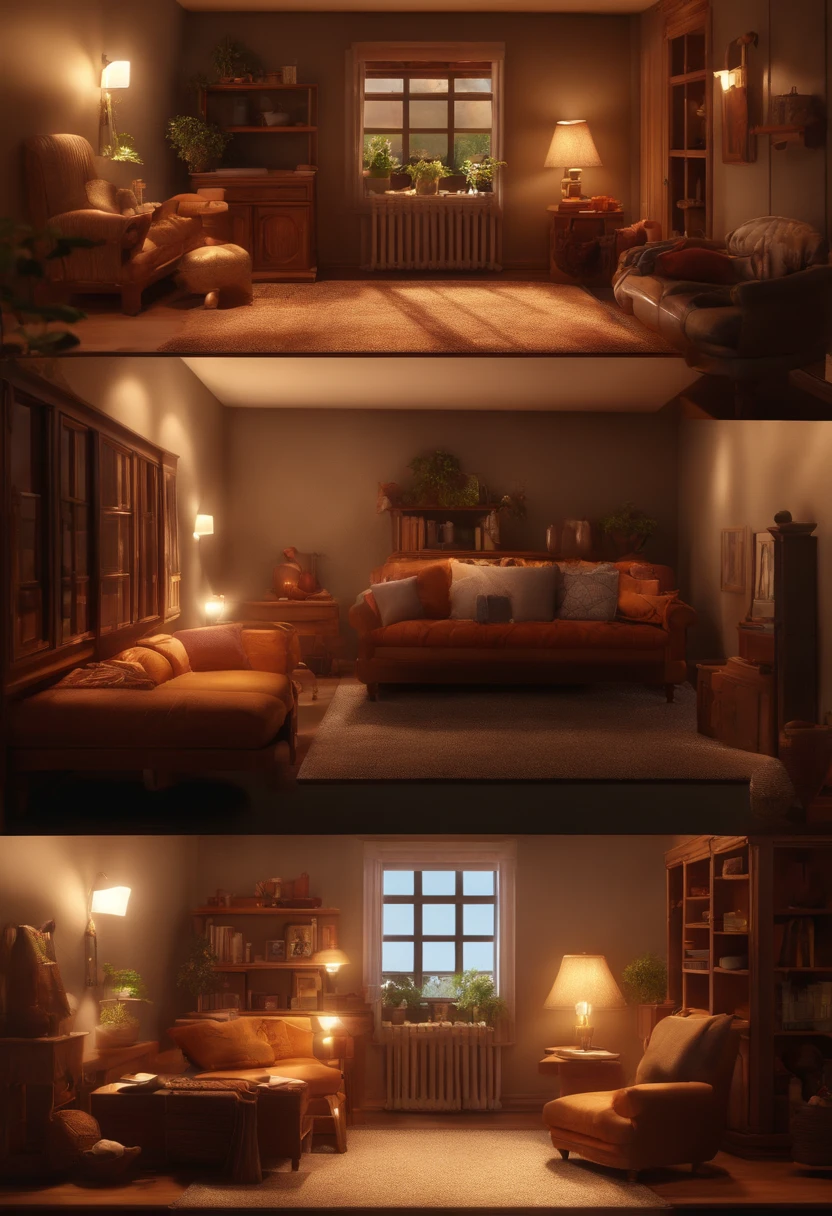 (Pixar style),A model of a cozy small room, miniature figure model, light source from right to left, Rumbrandt lighting, light source from right to left, (isometric view), (top-down), realistic scale, post-processing, ((orthogonal perspective)), super detail, realistic, super realistic, realistic render, rainbow color, glitter
