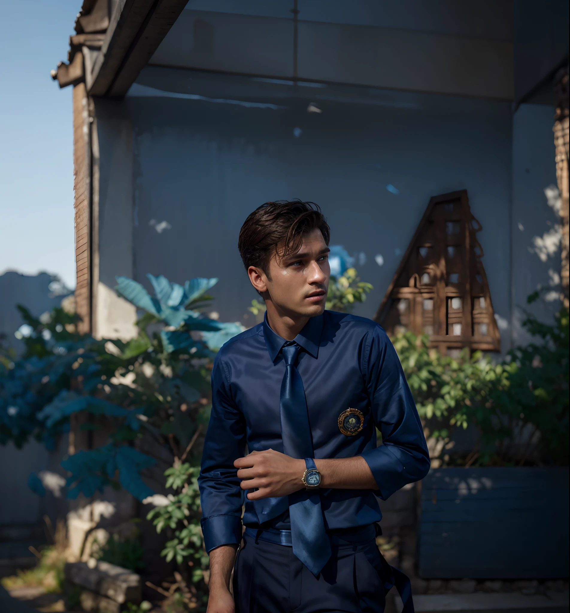Open blue sky background, a man in a formal dress up with tie and tucked shirt,(realistic:1.3), finely detailed, quality, rembrandt lighting, (masterpiece:1.2), (photorealistic:1.2), (best quality), (detailed skin:1.3), super handsome boy, ultra realistic image,16k resolution