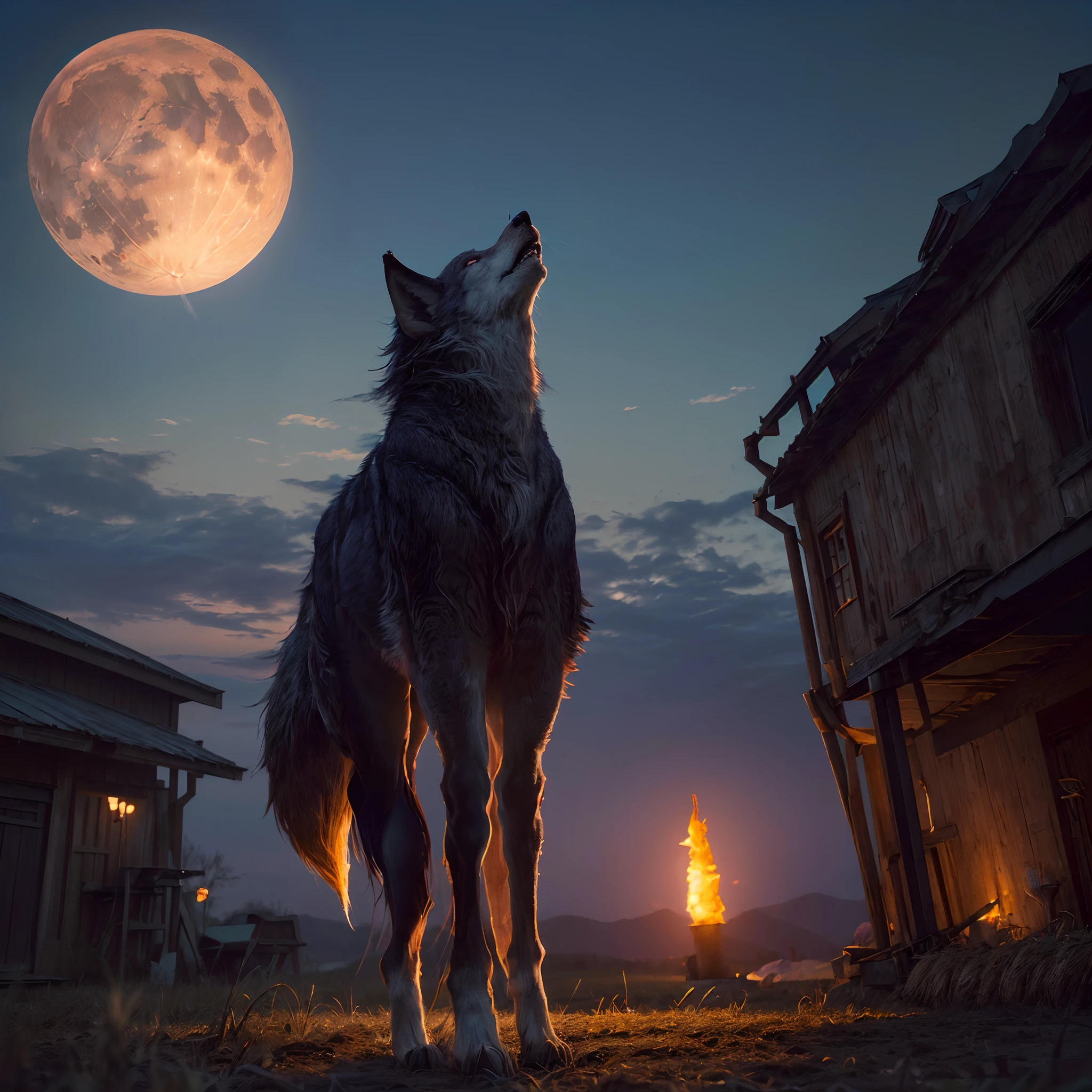 (((NSFW STILL SHOW, Holo the wise wolf、Spice and wolf、Cosplay))), ( ((wolf tail butt plug installed)), As), (masterpiece:1.2, best quality, photorealistic:1.37), {(Standing Full Body:1.2)|(from below:1.2)},extremely Detailed, Burning wheat field, bloody moon, centered, ( tail, wolf tail),