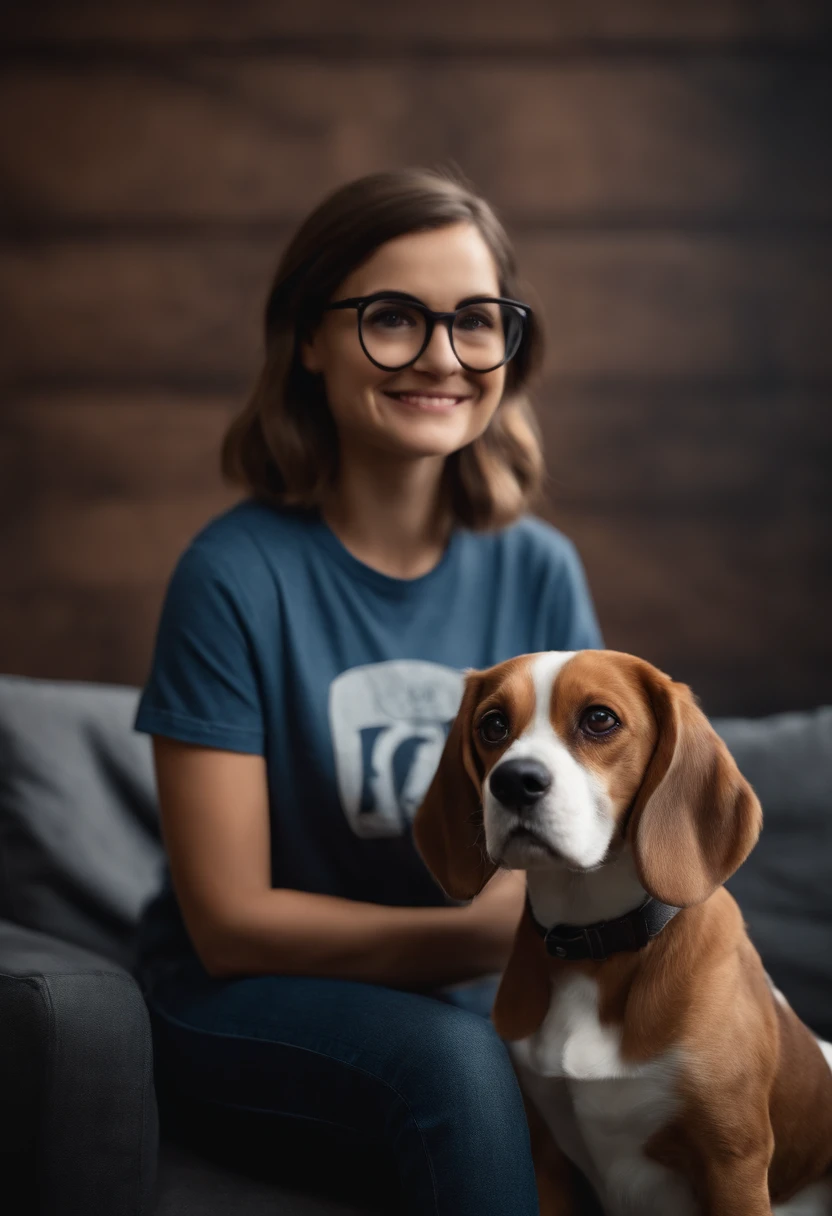 Pixar. Casal com um filhote de cachorro beagle marrom. A tem os cabelos loiros amarrados, Camiseta cinza e jeans claro, white glasses. O meninobelos pretos com cabelos grisalhos, barba pequena, oculos, Dark blue jeans and gray t-shirt. They are both smiling and are 40 years old