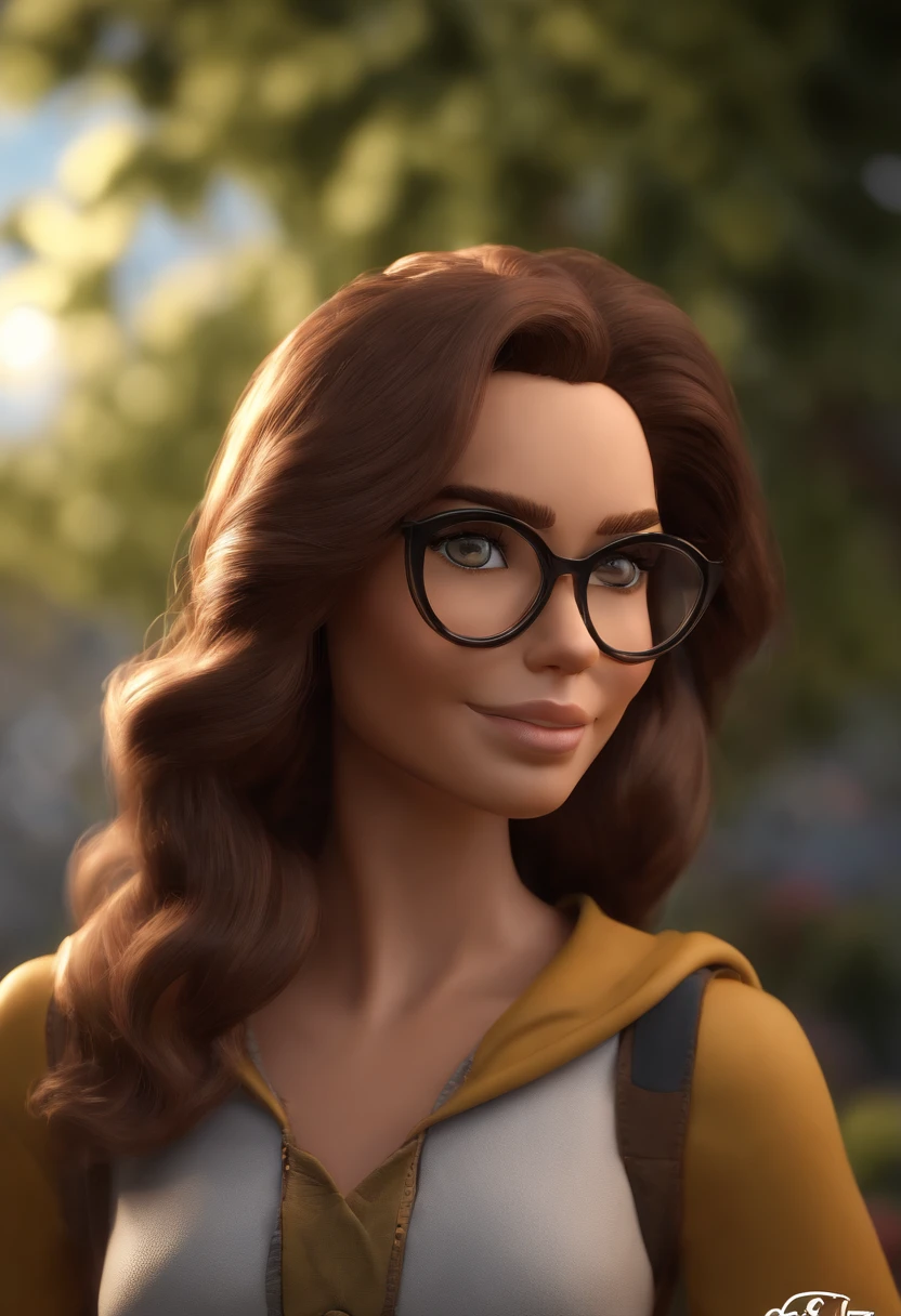 Personagem de desenho animad, jovem mulher, branca, with black eyeglasses, cabelo longo marrom escuro, camisa preta com a logo da Marvel, animation character, Caractere estilizado, animation style rendering, 3D estilizado, Arnold Maya render, 3 d render stylized, toon render keyshot, Personagem 3D, Personagem 3D, 3d rendering stylized, 3 d character render, personagem de desenho animado, Personagem de close up, Pose de personagem, (Estilo Pixar) (master part:1.2) (Bokeh) (best quality) (pele detalhada) (textura detalhada) (8k) (argila) (Cinematic lighting) (foco nítido)
