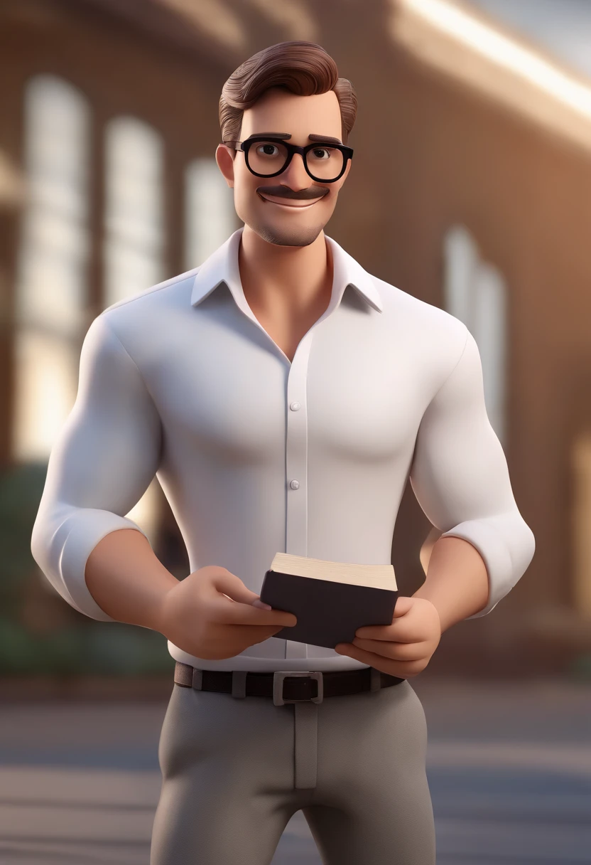 Cartoon character of a man with black glasses and a white shirt, gravata vermelha, grey dress pants, holding a Bible in his right hand, animation character, Caractere estilizado, animation style rendering, 3D estilizado, 3 d render stylized, toon render keyshot, Personagem 3D, Personagem 3D, 3d rendering stylized, 3 d character render, personagem de desenho animado, Personagem de close up, Pose de personagem,  (Estilo Pixar) (master part:1.2) (Bokeh) (best quality) (pele detalhada) (textura detalhada) (8k) (argila) (Cinematic lighting) (foco nítido
